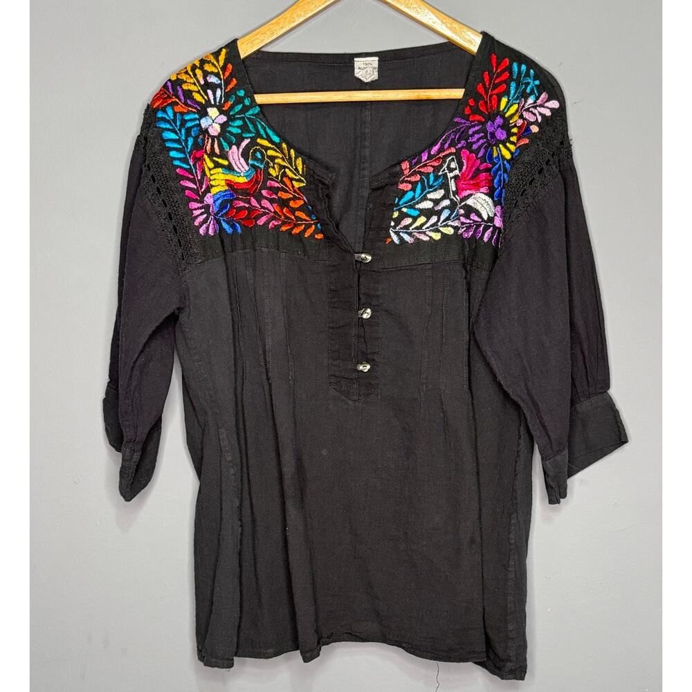 Traditional Mexican Embroidered Black Tunic Button Down 1/4 Sleeve Bohochic - Picture 2 of 4